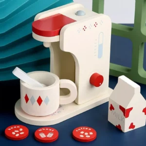 Wooden toy coffee machine with accessories