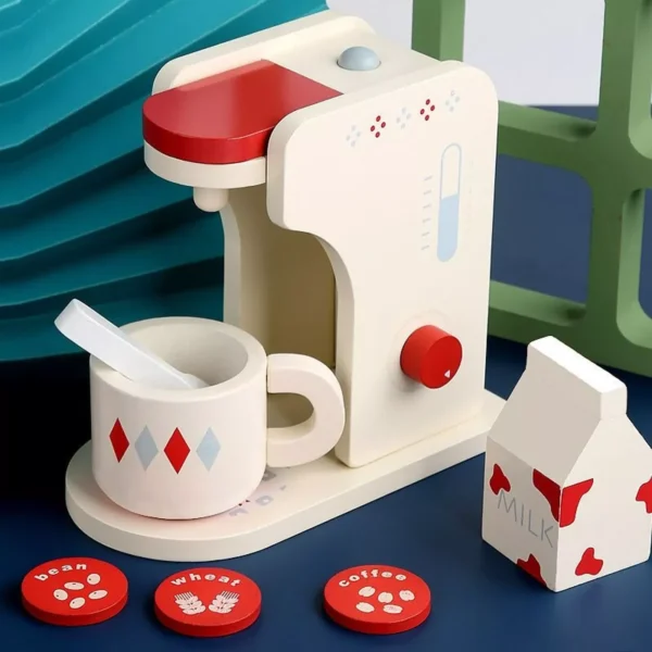 Wooden toy coffee machine with accessories