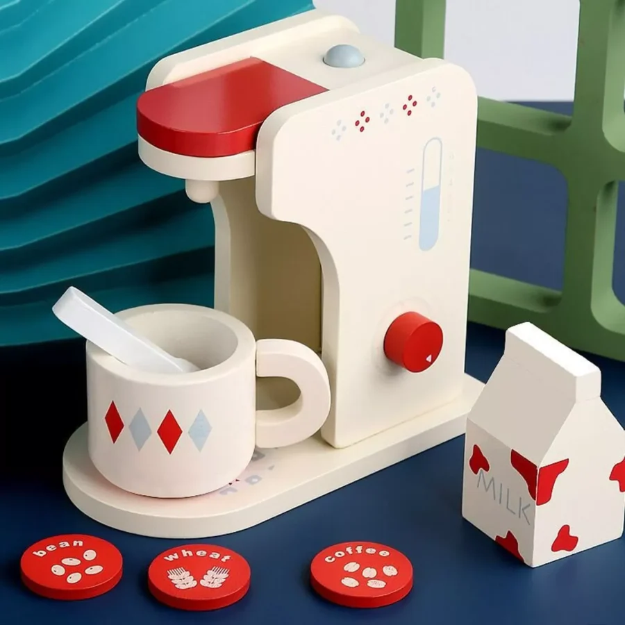 Wooden toy coffee machine with accessories