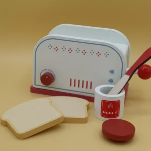 Wooden toy toaster with accessories