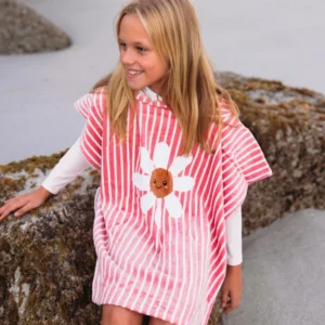 Daisy Flower | Red/White Cotton Beach Poncho 65 x 65 cm