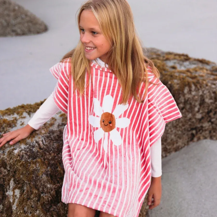 Daisy Flower | Red/White Cotton Beach Poncho 65 x 65 cm