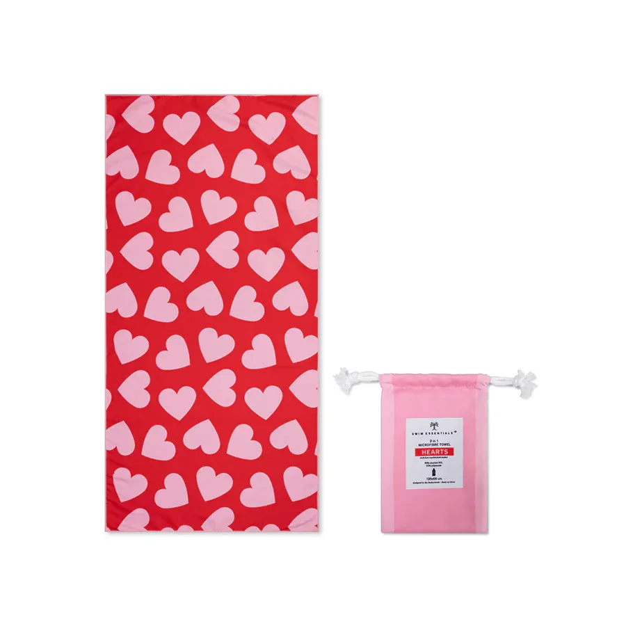 Hearts | Red Microfiber Beach Towel 135 x 65 cm