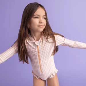 Sunset Grid | Girls UV Swimsuit with long sleeves in Orange/White