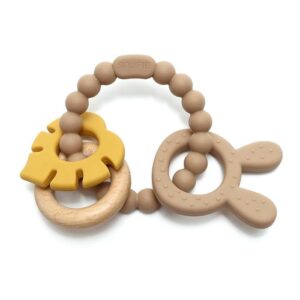 Soft & Hard | Bunny & Leaf RATTLE Wood & Silicone Teether | Khaki & Oker