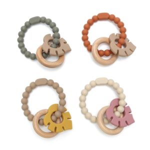 Soft & Hard | Leaf RATTLE Wood & Silicone Teether | Sand & Rose