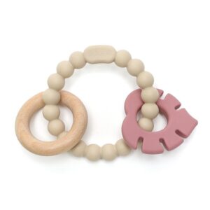 Soft & Hard | Leaf RATTLE Wood & Silicone Teether | Sand & Rose