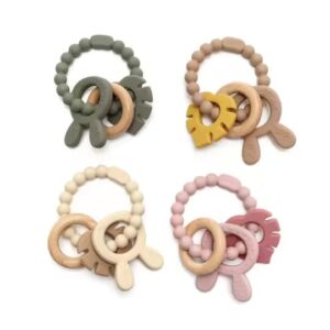 Soft & Hard | Bunny & Leaf RATTLE Wood & Silicone Teether | Khaki & Oker