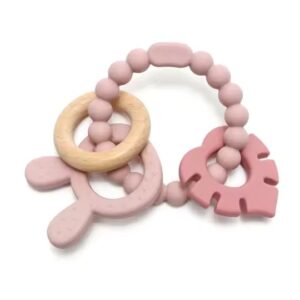 Soft & Hard | Bunny & Leaf RATTLE Wood & Silicone Teether | Blush & Rose