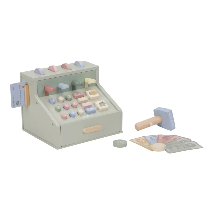 Wooden cash register with scanner and card reader